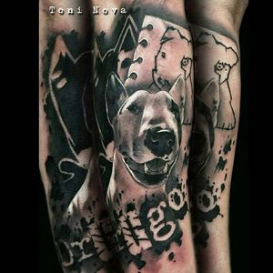 Trash polka bull terrier tattoo by Toni Nova. #trashpolka #blackangrey #lettering #dog #bullterrier #ToniNova