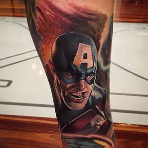 Captain America tattoo by Fabz. #captainamerica #superhero #marvel #comics #movies #realism #Fabz