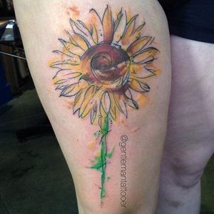 Watercolor and line work sunflower tattoo by Ryan Tews. #watercolor #RyanTews #flower #sunflower #linework #sketchy #illustrative