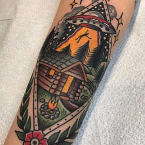 A nice vacation by Matt Cannon #MattCannon #color #traditional #newtraditional #sky #stars #ufo #abduction #cabin #fire #forest #landscape #flower #nature #leaves #trees #dotwork #aliens #tattoooftheday