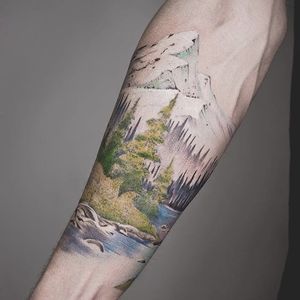 Nature piece by Tritoan Ly #TritoanLy #color #tree #mountain #river #nature #tattoooftheday