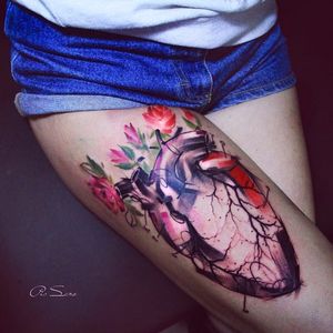 Botanical heart tattoo by Pis Saro #PisSaro #vegetal #watercolor #anatomicheart #heart #flower