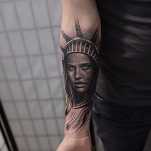 New York tattoo by Bang Bang. #BangBang #NYC #NewYork #BangBangNYC #woman #statueofliberty #portrait