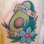Forget rock - let's guac 'n' roll. Tattoo by Gabby Maravelas. #cute #traditional #banner #lettering #flower #fruit #avocado #GabbyMaravelas