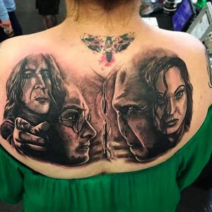 Harry Potter tattoo by Will Gee #WillGee #HarryPotter #Snape #Voldemort #TattooJam #blackandgrey (Photo: Instagram)
