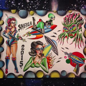 Greetings, Earthlings by Sheila Marcello (via IG-sheilamarcello) #flashart #flashfriday #colorful #80s #SheilaMarcello