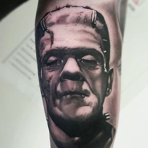 Awesome black and grey portrait of Frankenstein done by Peter Tattooer. #PeterTattooer #portraittattoo #realistic #frankenstein #blackandgreytattoo #realism #portrait