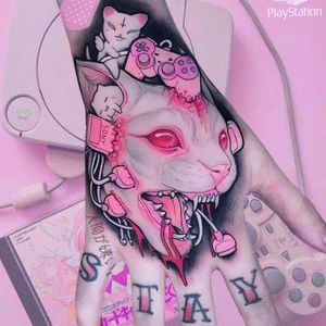 Cute kitty tattoo by Brando Chiesa #BrandoChiesa #japanesetattoos #anime #color #manga #videogame #sony #nintendo #gamer #cat #mouse #blood #demon #darkart #cute #pink #upsidedowncross #tattoooftheday