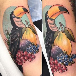 Toucan and fruit tattoo by Stephanie Melbourne. #neotraditional #fruit #bird #toucan #StephanieMelbourne