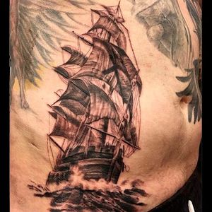 An old school favourite of a ship at sail Photo from Luc Suter on Instagram #LucSuter #BlackDiamondTattoo #LosAngeles #blackworker #fineline #realistic #ship