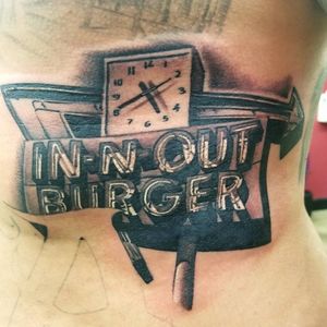 Burger sign tattoo by Tommy Montoya #TommyMontoya #blackandgrey #realism #realistic #hyperrealism #clock #sign #burger #innout #food #foodtattoo
