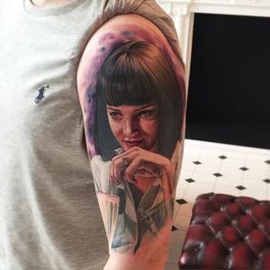 Color realism Mia Wallace tattoo by Sam Ford. #SamFord #colorrealism #MiaWallace #femmefatale #classic #pulpfiction #cultfilm #film #movie #QuentinTarantino #moviecharacter #femmefatale #portrait