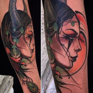 Horned woman portrait tattoo by Matt Tischler. #MattTischler #neotraditional #portrait #woman #fierce #horned #horns
