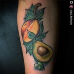 Neo traditional avocado and mango tattoo by @davi_tattoos. #mango #avocado #fruit #neotraditional #davi_tattoos