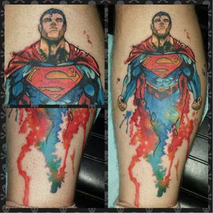 Watercolor Superman tattoo by Travis Parmeley #watercolor #supermantattoo #superman #travisparmelev