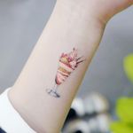 Sundae tattoo by Banul #Banul #illustrativetattoos #illustrative #fineline #watercolor #painterly #realism #realistic #hyperrealism #glass #sundae #icecream #whippedcream #pocky #strawberry #foodtattoo