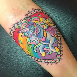 Unicorn rainbow tattoo by Sarah K #SarahK #neotraditional #unicorn #heart #rainbow #colorful #girly