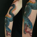 Another lethal-looking banger of a snake by Beau Brady. #banger #BeauBrady #bold #snake #traditionalamerican #viper