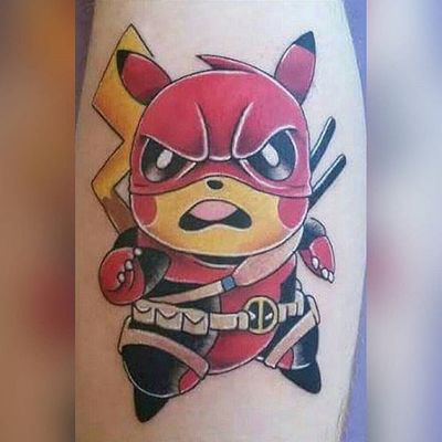 Deadpool Pikachu Tattoo by Tyler Waits #deadpool #pikachu #pokemon #pokemongo #pokemonart #popculture #TylerWaits