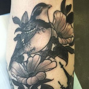 Neo traditional bird and flower on tattooist Lauren Melina. By Kaitlin Greenwood. #neotraditional #KaitlinGreenwood #flower #bird #LaurenMelina #blackandgrey