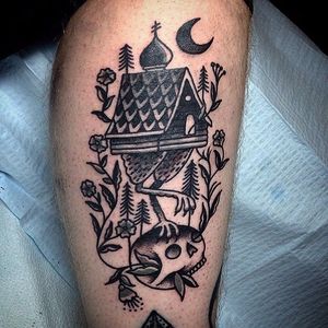 Blackwork tattoo by Kyle Martz #babayaga #KyleMartz #hut #blackwork #witch #skull