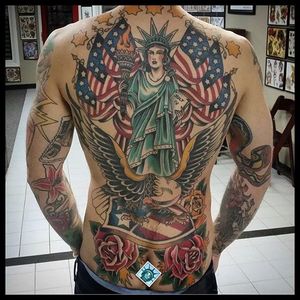 Statue of Liberty back piece in the American traditional style. Tattoo by Guy Verderosa. #traditional #backpiece #eagle #americanflag #newyork #NY #statue #statueofliberty #GuyVerderosa