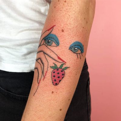 Strawberry eyes tattoo by Albie #Albie #eyetattoos #color #graphic #popart #hand #strawberry #cute #eye #nails #fruit #foodtattoo