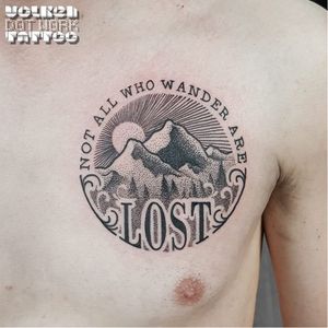 Mountain tattoo by Volken #Volken #mountain #lettering #quote #wanderlust #dotwork #graphic