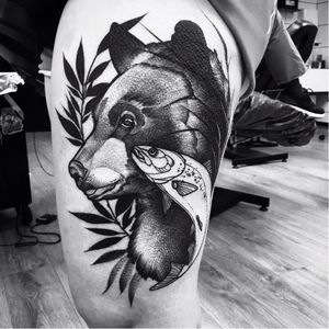 Bear tattoo by Julia Szewczykowska #JuliaSzewczykowska #blackwork #neotraditional #bear #fish