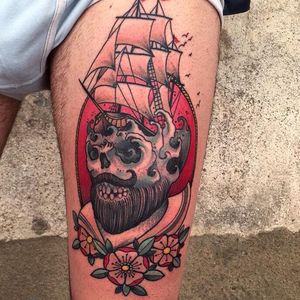 Nautical skull tattoo by Victor Kludge #VictorKludge #traditional #surrealistic #skull #ship #wave #flower