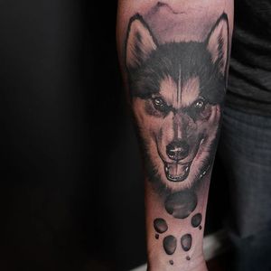 Husky and paw print tattoo by Benjamin Laukis. #blackandgrey #realism #blackandgreyrealism #BenjaminLaukis #husy #dog