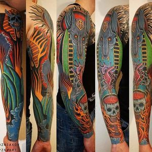 Egyptian Sleeve Tattoo by Alexander Pozniakov #sleeve #sleevetattoo #sleeveinspiration #ukrainianartist #ukrainetattoo #AlexanderPozniakov