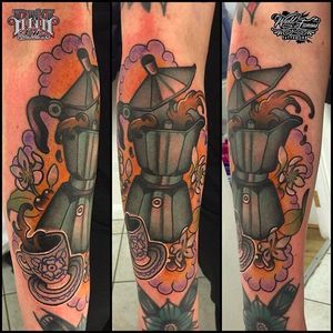 Coffee pot tattoo by Gabbie Vasquez (via IG -- gabbievasquezart) #GabbieVasquez #coffee #coffeepot #coffeetattoo #coffeepottattoo