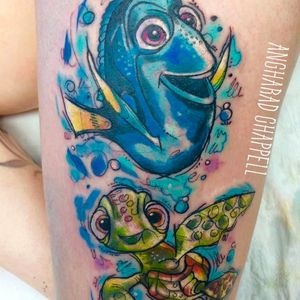 Squirt and Dory tattoo by Angharad Chappell #AngharadChappell #Disney #FindingNemo #FindingDory #Dory #Squirt