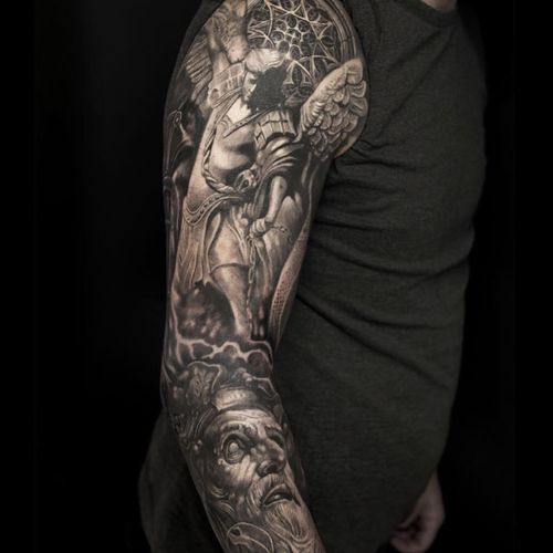 A sleeve featuring a statue outside of a cathedral by Mumia (IG—mumia916). #angel #blackandgrey #cathedral #Mumia #realism #statuesque