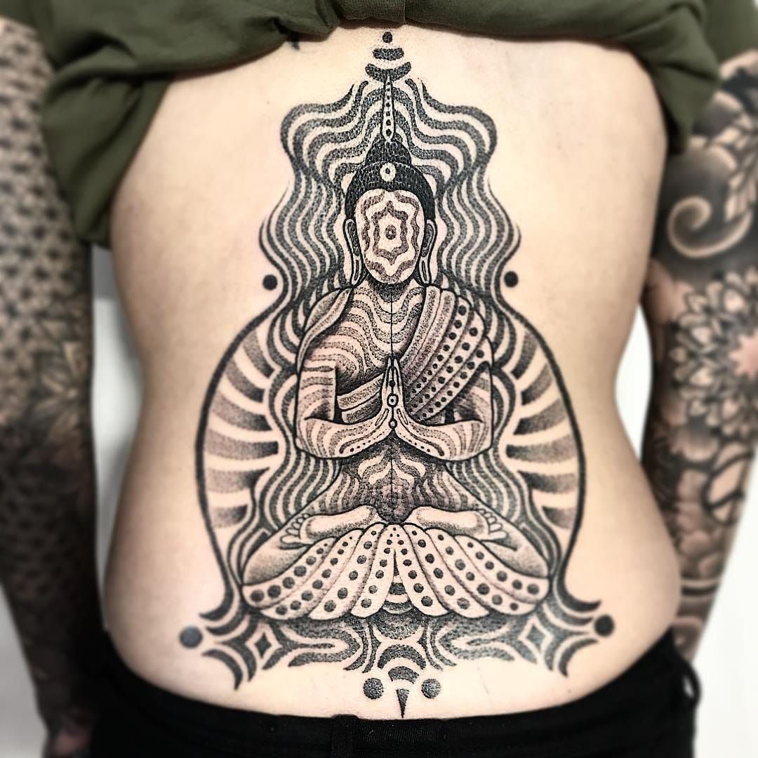 Buddha Tattoo With Lotus And Temple
