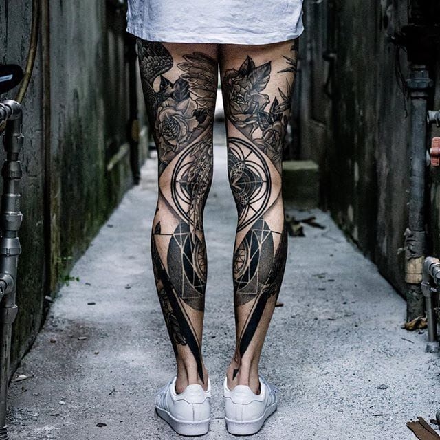 Koit Tattoo  Nature tattoo on the leg with black geometric and