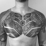 An intensely ornate chest piece with two mandalas by Piotr Szot (IG—piotrszot). #blackwork #PiotrSzot #scaredgeometry
