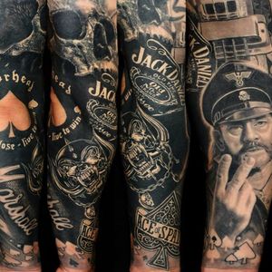 Badass sleeve tattoo by Dr Ink #DrInk #motörhead #motorhead #lemmy #blackandgrey #snaggletooth #marshall #jackdaniels #aceofspades #skull