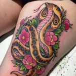 Snake in the grass. #TillyDee #traditional #bright #snake #snaketattoo #neotraditionaltattoo