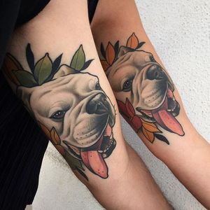 Matching pieces by Alvaro Alonso #AlvaroAlonso #color #neotraditional #dog #portrait #tattoooftheday