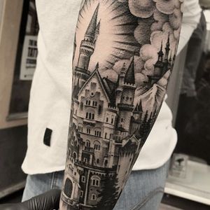 Black and grey castle by Andy Blanco #AndyBlanco #blackandgrey #castle #tower #cloud #tattoooftheday