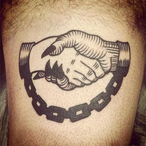 Devils Handshake Tattoo, artist unknown #devilshandshake #handshaketattoo #deviltattoo #traditional #