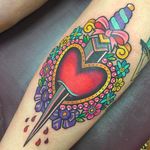 Dagger heart tattoo by Sarah K #SarahK #neotraditional #heart #dagger #flowers #colorful #girly