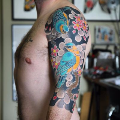 Transient nature by Luca Ortis #LucaOrtis #Japanese #traditional #mashup #color #clouds #tree #flowers #cherryblossom #birds #nature #tattoooftheday