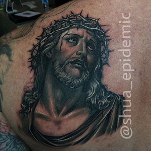 Black and Grey Jesus Tattoo by @shua_epidemic #blackandgrey #Jesus #BlackandGreyJesus #Religious #Christ #Shua