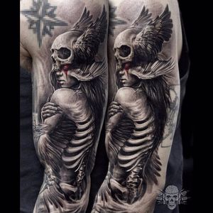Skeleton Lady Tattoo by Javier Antunez @Tattooedtheory #JavierAntunez #Tattooedtheory #Blackandgrey #Realistic #Skeleton #Skull #Lady