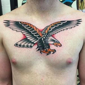 Classic eagle chest tattoo done by Fergus Simms. #FergusSimms #MelbourneTattooCompany #traditionaltattoo #boldtattoos #eagle