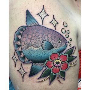 Sunfish Tattoo by Katie McGowan #Traditional #BoldTattoos #ColorfulTattoos #Colorful #KatieMcGowan