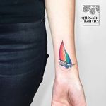 Yacht tattoo by Gülşah Karaca. #GulsahKaraca #illustrative #graphic #technicolor #trippy #geometric #yacht #rainbow #dreamy